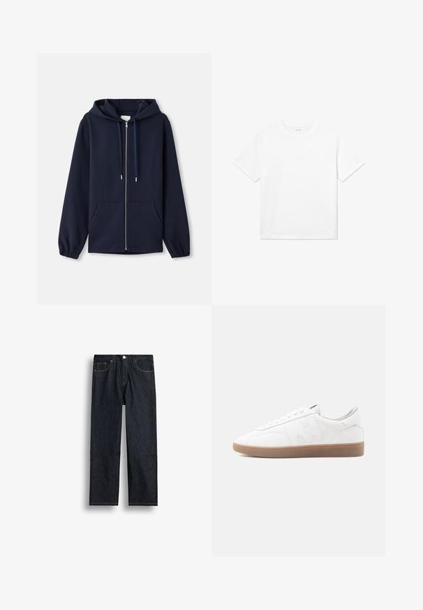 Navy zip-up hoodie gemaakt van zachte stof, met een trekkoordcapuchon, voorzakken en elastische manchetten. Eenvoudig en functioneel ontwerp.; Witte katoenen T-shirt met korte mouwen, een ronde halslijn en een rechte zoom. Glad textuur zonder zichtbare patronen of accenten.; Donkerblauwe recht gesneden spijkerbroek met voorvak, rits en ontwerp met vijf zakken op een witte achtergrond.; Witte lage sneaker met een zool van geschuurd rubber, gestikte overlays en een vetersluiting op een neutrale achtergrond.