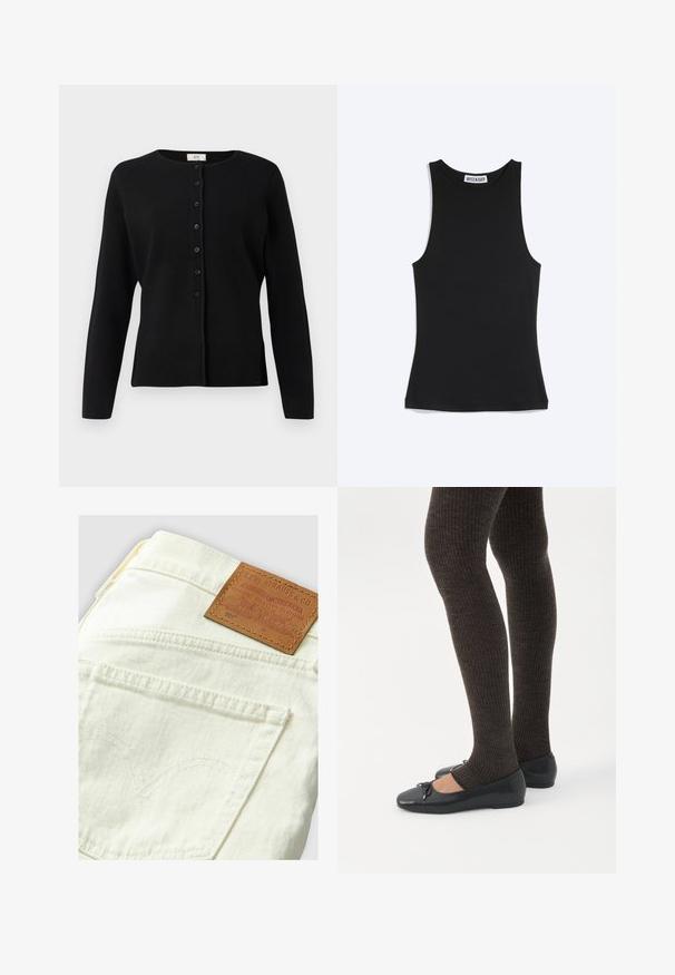 Cárdigan negro de manga larga con botones, cuello redondo, siete botones en la parte delantera y un dobladillo recto.; Camiseta negra sin mangas ajustada con cuello redondo y etiqueta de la marca Weekday en el cuello trasero, sobre un fondo blanco.; Jeans Levi's 501 de color crema con parche de cuero marrón, con costuras en los bolsillos traseros en forma curva y un diseño clásico de denim.; Piernas con leggings oscuros acanalados combinados con bailarinas negras que presentan pequeños detalles de lazo sobre un fondo blanco.