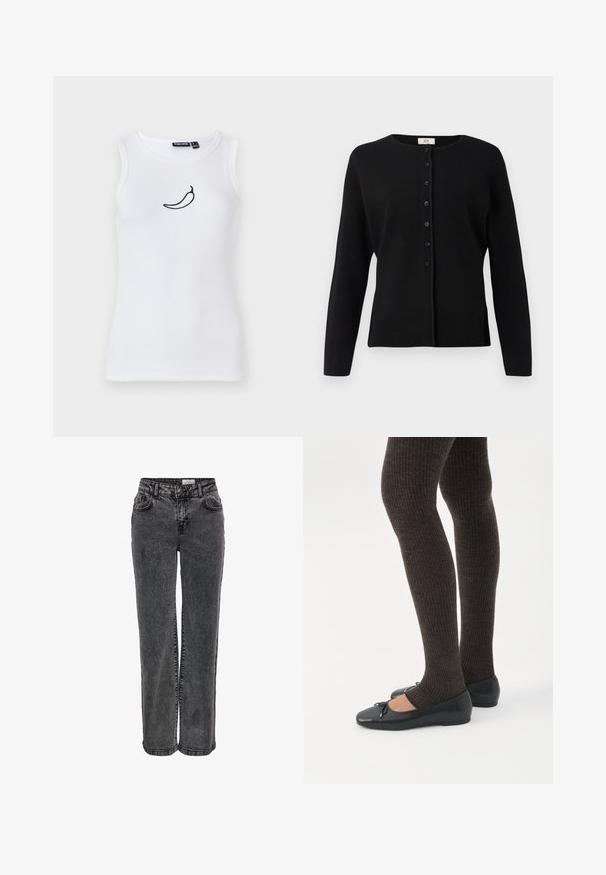Cardigan noir à manches longues, avec un col rond, sept boutons sur le devant et un ourlet droit.; Débardeur blanc à côtes avec une broderie de piment noir sur la poitrine. Fabriqué à partir d'un matériau doux et extensible.; Jeans en denim noir au design droit, avec poches avant, passants de ceinture et une texture légèrement délavée.; Jambes portant des leggings côtelés foncés associés à des ballerines noires avec de petits détails en nœud sur fond blanc.