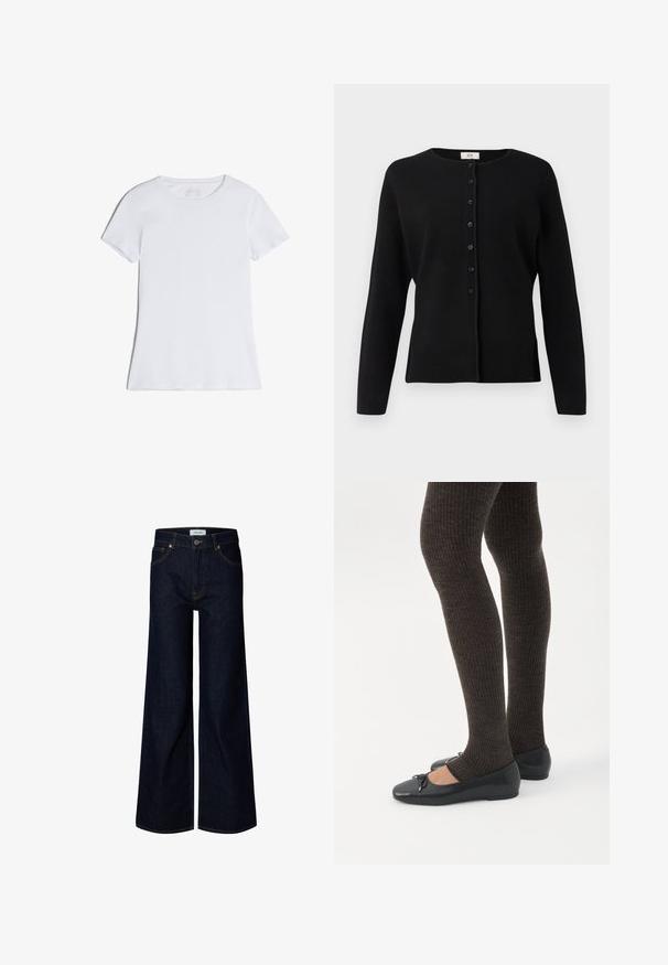 Cárdigan negro de manga larga con botones, cuello redondo, siete botones en la parte delantera y un dobladillo recto.; Camiseta blanca lisa de manga corta con cuello redondo, extendida y sin patrones ni logotipos visibles.; Vaqueros de mezclilla azul oscuro con pernera ancha, cierre delantero con botón y cremallera, trabillas para cinturón y bolsillos delanteros, mostrados sobre un fondo blanco.; Piernas con leggings oscuros acanalados combinados con bailarinas negras que presentan pequeños detalles de lazo sobre un fondo blanco.