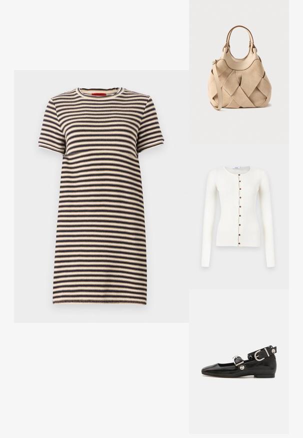 Hvid ribbet cardigan med lange ærmer, rund halsudskæring og otte brune knapper foran.; Strikket kjole med striber, der har rund halsudskæring, korte ærmer og en tætsiddende pasform. Farverne inkluderer marineblå, beige og off-white striber.; Sorte patenteret lædersko med firkantet tå, ankelrem med sølvhardware og flad sål. Glat tekstur med minimalistisk design.; Beige ruskindshåndtaske med flettet design, rundformede top-håndtag og en aftagelig skulderrem; glatte læderdetaljer øverst.