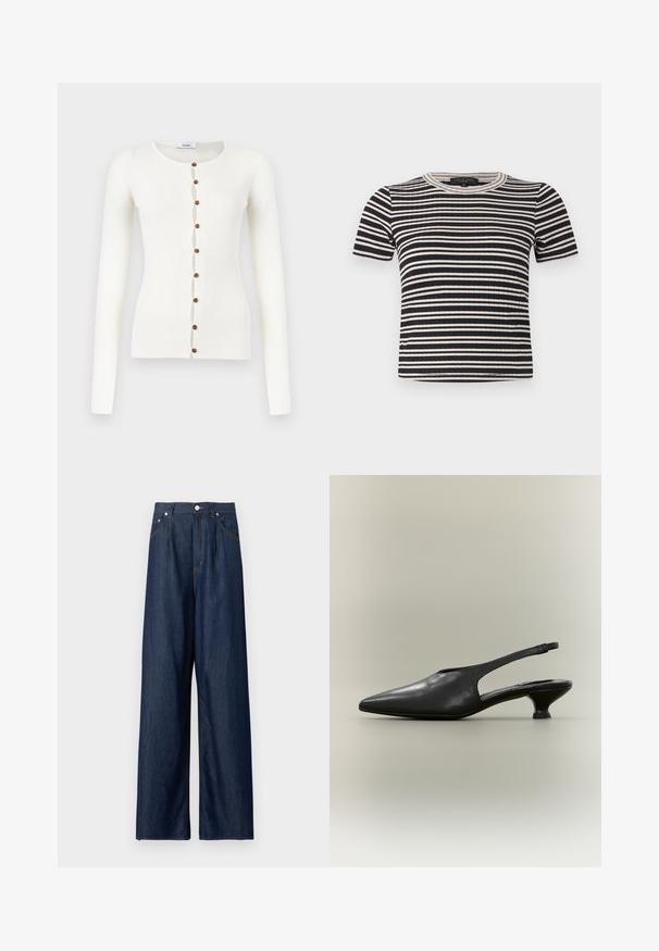 Cardigan blanc à manches longues côtelé avec encolure ronde et huit boutons marron sur le devant.; Haut côtelé à manches courtes avec des rayures horizontales noires et blanches, col rond et coupe ajustée.; Jean en denim bleu foncé à jambes larges avec taille haute, fermeture frontale par bouton et fermeture éclair, et poches latérales sur un fond clair uni.; Chaussure à bride arrière en cuir noir avec bout pointu et petit talon bas sur fond neutre.