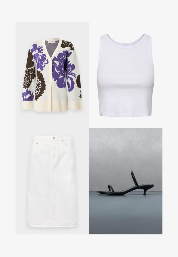 Marimekko LUMOAVA PIONI - Cardigan - light beige/brown/violet; Hvid crop-top lavet af ribbet stof, med en rund halsudskæring og ærmeløs design samt en figursyet silhuet. Ingen mønstre eller detaljer.; Hvid denimnederdel med lynlås foran, fem lomme-design og lige silhuet med stikninger.; Sort Calvin Klein sandal med hæl og tynde stropper, balancerende på træfliser udendørs nær en væg og grønne planter.