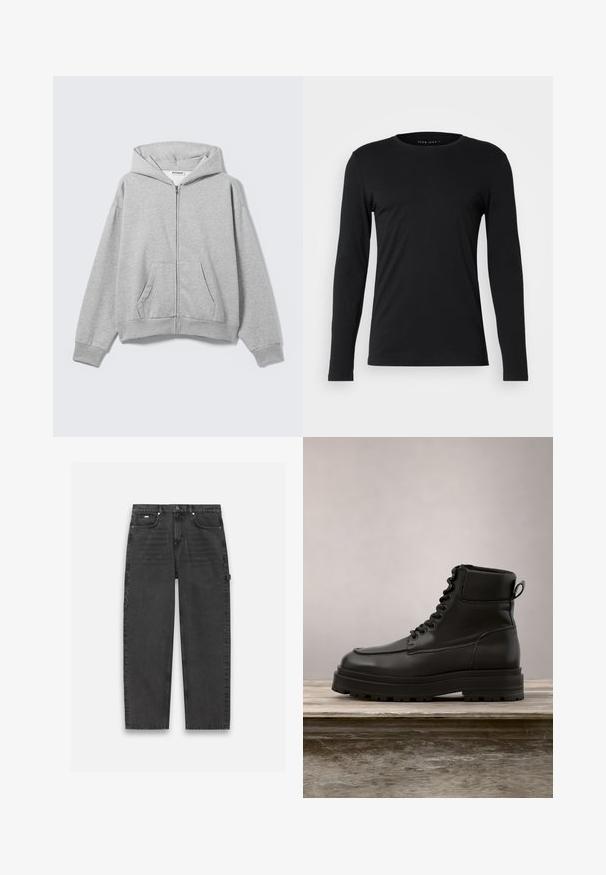 Sweat à capuche gris clair zippé avec poches avant, manches longues et capuche, posé à plat sur un fond clair.; T-shirt noir à manches longues en tissu doux. Il présente un col rond et une silhouette ajustée sans graphiques ou embellissements visibles.; Pantalons en denim gris foncé avec une coupe droite, style cinq poches et fermeture à boutons et zip visible. Présente un agencement minimal.; Bottine en cuir noir à bout rond, semelle chunky crantée et lacets à l'avant. Inclut un col court rembourré et des détails de couture minimalistes.