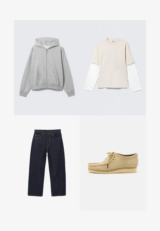 Lysegrå hættetrøje med lynlås, forlommer, lange ærmer og hætte, lagt fladt på en lys baggrund.; Beige T-shirt med korte ærmer lagt over en hvid langærmet skjorte med rund halsudskæring og "WEEKDAY" mærke indeni kraven.; Mørkeblå denimbukser med løs pasform, med gyldne syninger, frontknaplukning og to sidelommer.; Beige suedestøvle med snørebåndsdesign, syede detaljer og gummisål. Formen er afslappet med en let hæl.