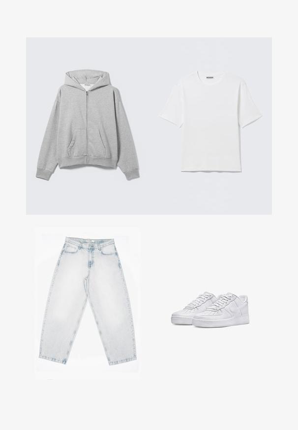 Sudadera con capucha gris claro con cremallera, bolsillos delanteros, mangas largas y capucha, colocada plana sobre un fondo claro.; Camiseta blanca lisa de manga corta con cuello redondo y una pequeña etiqueta "WEEKDAY" en el interior del cuello trasero, mostrada sobre una superficie plana.; Vaqueros de mezclilla lavada clara con cintura alta, piernas anchas y rectas, cierre de botones y cremallera, y bolsillos delanteros y traseros.; Zapatillas de cuero blanco con puntera perforada, cordones planos y suela de goma elevada. Presenta un logo de swoosh y detalles de costura mínimos.