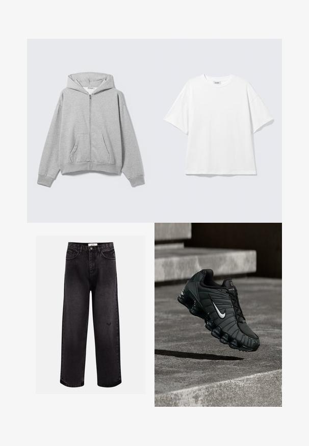 Lysegrå hættetrøje med lynlås, forlommer, lange ærmer og hætte, lagt fladt på en lys baggrund.; Hvid oversized t-shirt med korte ærmer og rund halsudskæring med sænkede skuldre, fladt lagt på lys grå baggrund.; Sorte denim jeans med bred benpasform, der har fem lommer, en syet talje og en diskret logodetalje nær knæet.; Nike sportsko i mørkegrøn, med en glat syntetisk overdel, mesh-struktur, sorte snørebånd og en blank sål med air-dæmpning.