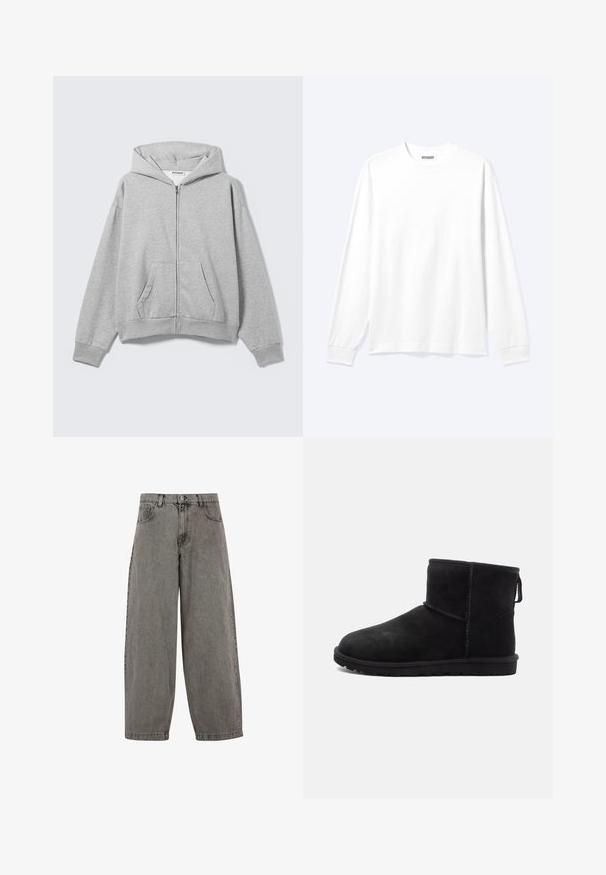 Sweat à capuche gris clair zippé avec poches avant, manches longues et capuche, posé à plat sur un fond clair.; Chemise blanche unie à manches longues avec col rond et poignets côtelés, présentée sur un fond clair neutre.; Pantalon en denim gris avec taille haute, jambes larges, design classique à cinq poches et fermeture à bouton à l'avant. Fini légèrement texturé.; Botte courte en suede noir avec un bout arrondi, des détails de couture minimaux, une languette et une semelle en caoutchouc texturé. Conçue pour la chaleur et le confort.