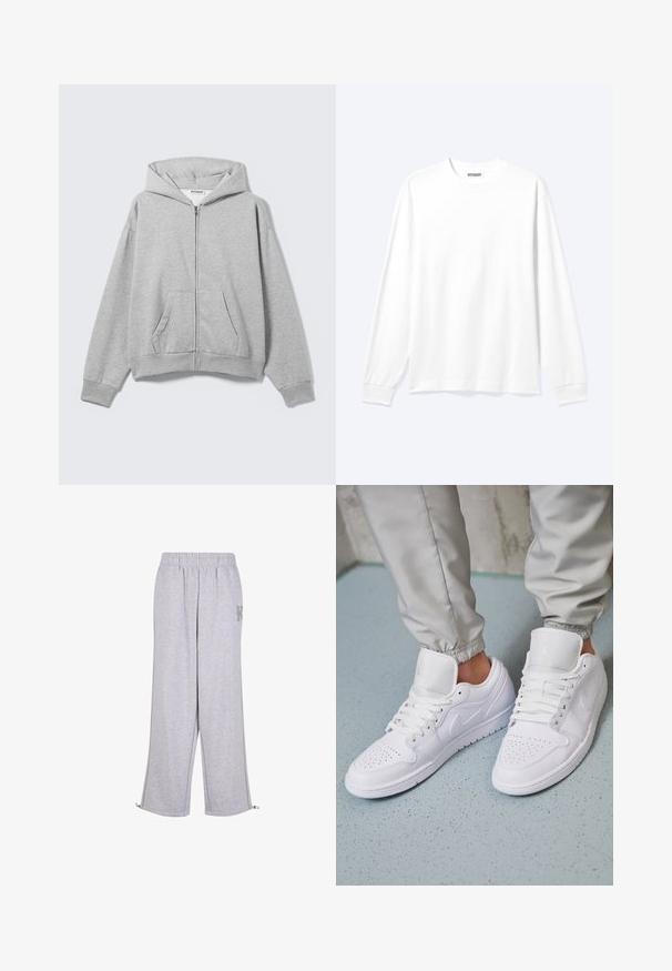 Sudadera con capucha gris claro con cremallera, bolsillos delanteros, mangas largas y capucha, colocada plana sobre un fondo claro.; Camisa blanca lisa de manga larga con cuello redondo y puños acanalados, mostrada sobre un fondo claro y neutro.; Karl Kani Pantalones deportivos - grey; Las zapatillas deportivas de cuero blanco cuentan con una caja de dedos perforada, cordones planos, un cuello acolchado y el logo de Jordan en la lengüeta. Las llevan puestas con pantalones joggers grises.