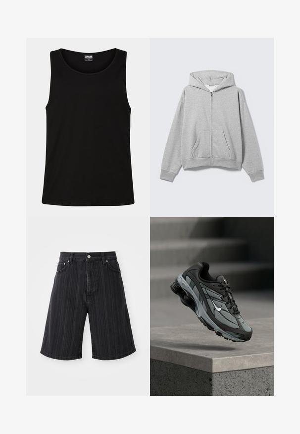 Lichtgrijze hoodie met ritssluiting, voorzakken, lange mouwen en capuchon, plat neergelegd op een lichte achtergrond.; Zwarte tanktop gemaakt van zachte katoenstof. Beschikt over een ronde halslijn en ruime armsgaten, zonder zichtbare patronen of accenten.; Zwarte denim shorts met een brede pijp, voorzien van verticale streepjes, voorkruizen en details van metalen hardware.; Grijze en zwarte sportieve sneaker met meshpanelen en dikke zool, zwevend in de lucht boven een betonnen richel met trappen op de achtergrond.