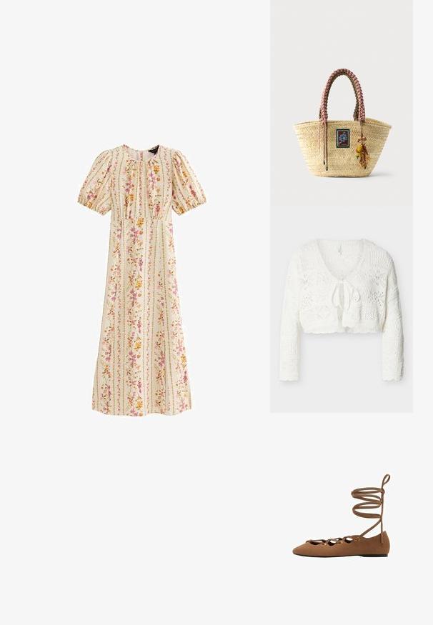 Cardigan court en crochet blanc avec manches longues et fermeture à nouer à l'avant, présentant divers motifs ajourés et détails texturés.; Robe midi crème avec manches bouffantes, encolure ronde, taille cintrée et rayures florales verticales dans des tons rose, orange et vert.; Ballerines en suède marron avec un bout pointu, un design découpé et des sangles croisées. Elles présentent des œillets dorés et une semelle plate.; Sac cabas en paille tissée avec des poignées tressées roses et marron, un patch décoratif et un porte-clés singe perlé suspendu à l'avant.