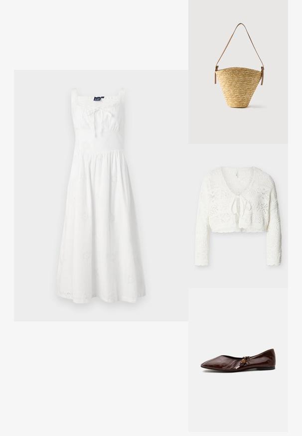 Cardigan court en crochet blanc avec manches longues et fermeture à nouer à l'avant, présentant divers motifs ajourés et détails texturés.; Robe blanche avec un décolleté carré, taille froncée et jupe évasée. Présente des broderies florales sur le tissu et des fines bretelles.; Chaussure plate pointue en cuir marron foncé avec un nœud décoratif et des perles en bois sur le côté, sur fond blanc.; Sac seau en paille tissée avec une base large, un sommet étroit et une bandoulière en cuir marron ajustable.