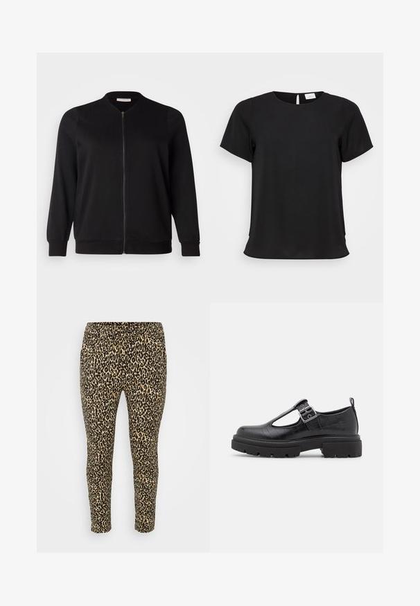 ONLY Carmakoma CARJOYCE - Bomberjacke - black; Schwarzes kurzärmliges Oberteil mit Rundhalsausschnitt, aus glattem Stoff gefertigt, mit leichtem Fall und einem geschmackvollen Schlitzdetail hinten.; Leopardenprint Leggings in Beige und Schwarz, mit elastischem Bund, slim fit und weichem, dehnbarem Stoff für Komfort.; Schwarzer Kunstleder-Schuh mit Krokodilprägung, runder Zehenpartie, Knöchelriemen mit metallicschnalle und einer robusten Gummisohle.