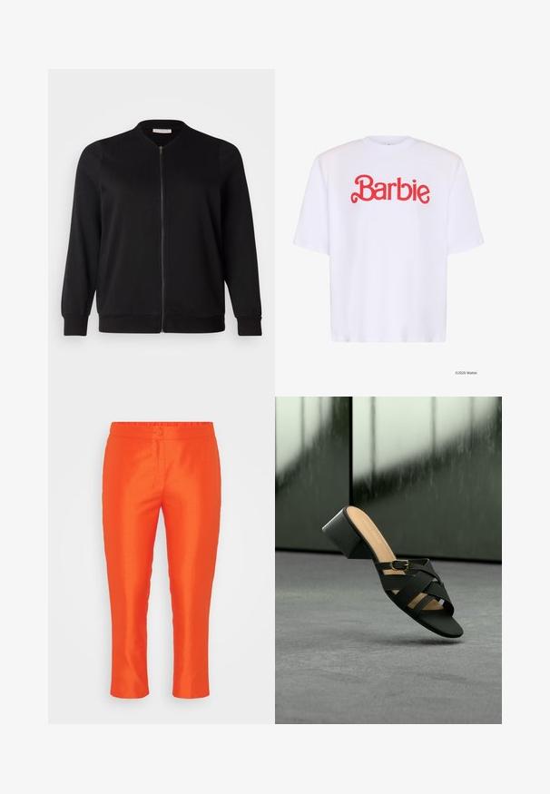 ONLY Carmakoma CARJOYCE - Bomberjacke - black; Weißes T-Shirt mit kurzen Ärmeln und rotem „Barbie“-Schriftzug in verspielter, kursiver Schrift mittig auf der Vorderseite.; Helle orange, schmal geschnittene Hose mit elastischem Bund, einem Knopfverschluss und glatter Textur. Keine sichtbaren Taschen.; Schwarze Sandale mit Absatz, gekreuzten Riemen und goldener Schnallendetail, vor unscharfem dunkelgrünem und grauem Hintergrund gezeigt.