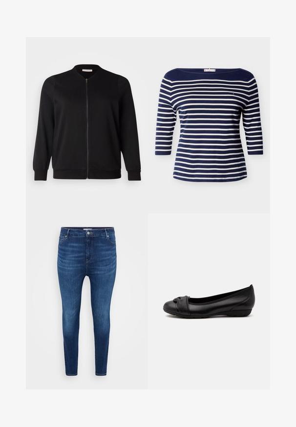 ONLY Carmakoma CARJOYCE - Bomberjacke - black; Marineblau-weiß gestreiftes Shirt mit Bootsausschnitt, Dreiviertelärmeln und kleinem Logo auf der Brust.; Dunkelblaue Skinny-Jeans mit vorderen Taschen, Gürtelschlaufen und einem Knopfverschluss auf einem schlichten hellen Hintergrund.; Schwarzer flacher Damenschuh mit niedrigem Absatz und dekorativem gefaltetem Riemen über dem Zehenbereich auf hellem Hintergrund.