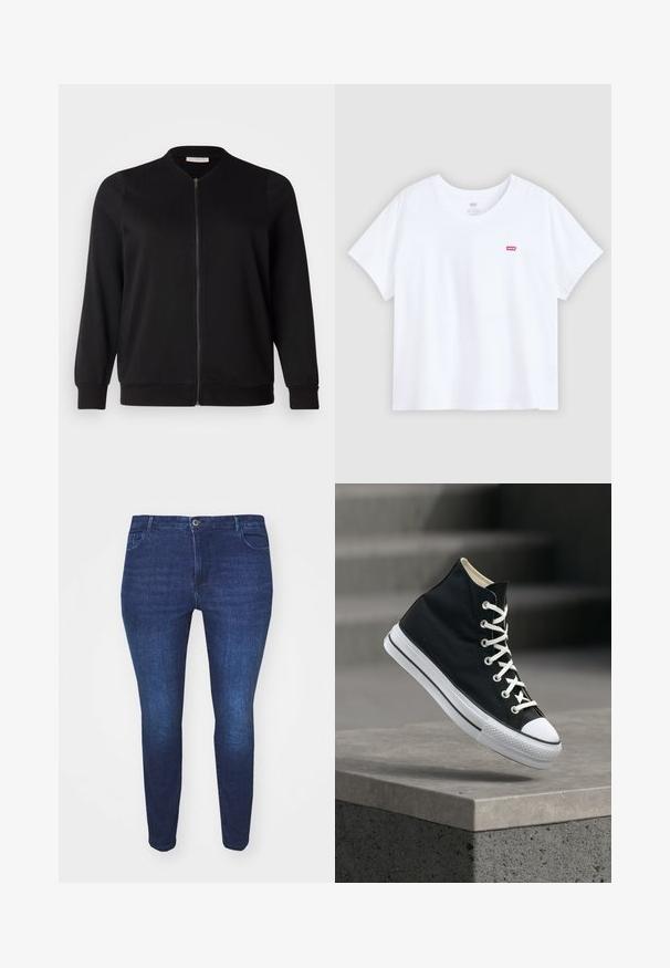 ONLY Carmakoma CARJOYCE - Bomberjacke - black; Weißes Baumwoll-T-Shirt mit kurzen Ärmeln und Rundhalsausschnitt. Mit einem kleinen roten Logo auf der linken Brust. Glatte Textur und locker sitzend.; Dunkelblaue Slim-Fit-Jeans aus Denim mit einem Frontknopf und Taschen, von der Front gegen einen weißen Hintergrund gezeigt.; Schwarzer High-Top-Sneaker mit weißen Schnürsenkeln und Gummisohle, der am Rand einer grauen Betonplattform balanciert.