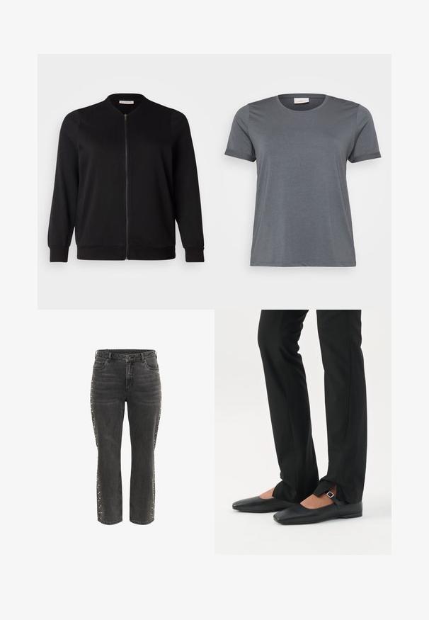 ONLY Carmakoma CARJOYCE - Bomberjacks - black; Grijze t-shirt met korte mouwen, gemaakt van zachte stof, met een klassieke ronde halslijn en omgeslagen mouwen. Een gladde textuur zonder zichtbare patronen.; Zwarte high-waist rechte jeans met metalen knoop, voorzakken en kleine zilveren studs langs de buitenste zijnaad.; Benen met zwarte smalle broek met voorsplitten aan de zoom, gecombineerd met zwarte platte Mary Jane-schoenen met een klein gespje.