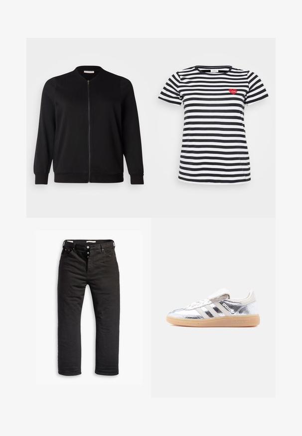 ONLY Carmakoma CARJOYCE - Bomberjacke - black; Schwarz-weißer gestreifter T-Shirt mit Rundhalsausschnitt und kurzen Ärmeln, mit einer kleinen roten Herzstickerei auf der linken Brust.; Schwarze Denim-Jeans mit geradem Bein, ausgestattet mit einem Knopfverschluss, fünf Taschen und dezentem Stickdetail. Angenehme Textur.; Silberner metallic Adidas Spezial Sneaker mit weißen Streifen und Gummisohle, von der linken Seite auf einem schlichten weißen Hintergrund gezeigt.