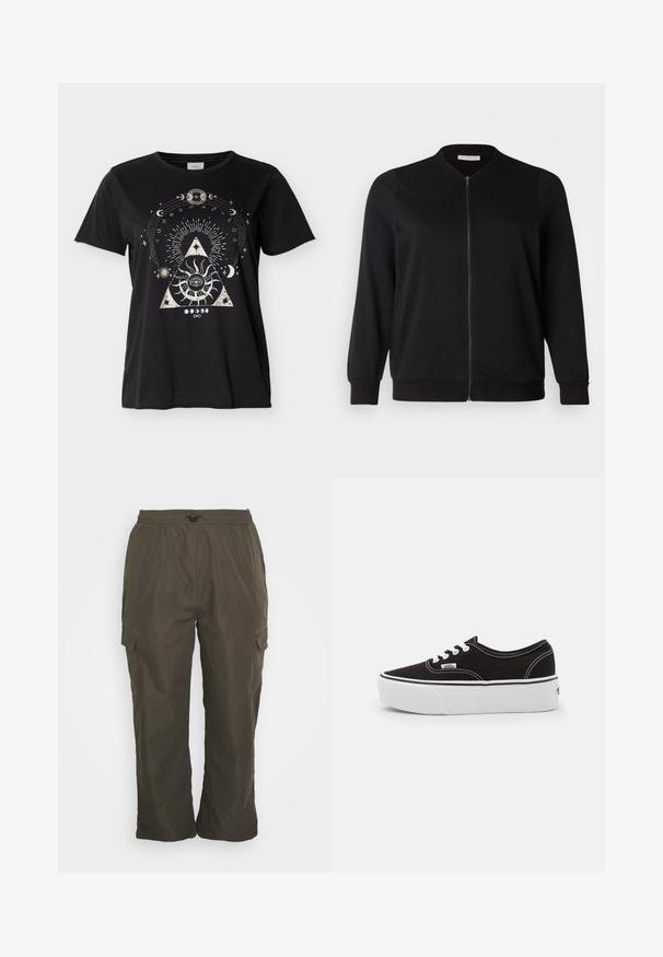ONLY Carmakoma CARJOYCE - Μπουφάν τύπου bomber - black; Μαύρο βαμβακερό t-shirt με κεντρικό λευκό γραφικό ενός τριγώνου με μάτι, περιτριγυρισμένο από ουράνια σύμβολα και ακτίνες. Απλός στρογγυλός λαιμός.; ONLY Curve ONCCASHI PANT - Παντελόνι cargo - raven; Μαύρο καστόρινο αθλητικό παπούτσι με λευκή καουτσούκ πλατφόρμα, που διαθέτει λευκές κορδόνες και ραφές, εμβληματική σήμανση στο πλάι, σε χαμηλό σχεδιασμό.
