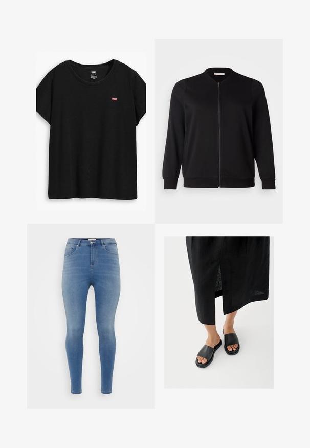 ONLY Carmakoma CARJOYCE - Bombera - black; Čierne tričko s krátkymi rukávmi vyrobené z mäkkého materiálu, s okrúhlym výstrihom a malým červeným logom Levi's na ľavej strane.; Chudé džínsy v svetlom modrom denime. Majú päť vreciek, vysoký pás a hladkú štruktúru s miernym vyblednutím.; Čierne šľapky so širokým remienkom, plochou podrážkou a minimalistickým dizajnom. Materiál pôsobí hladko s matným povrchom.