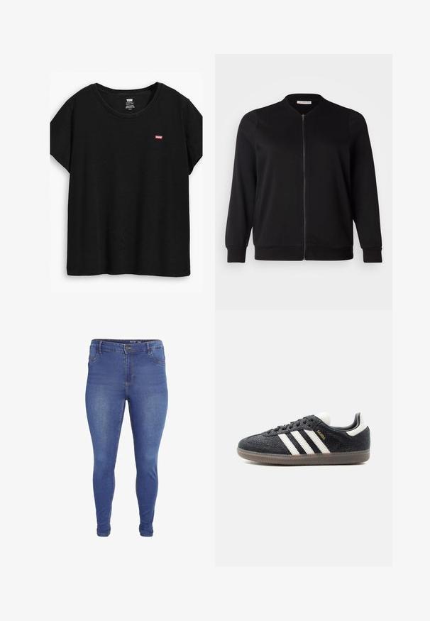 ONLY Carmakoma CARJOYCE - Bombera - black; Čierne tričko s krátkymi rukávmi vyrobené z mäkkého materiálu, s okrúhlym výstrihom a malým červeným logom Levi's na ľavej strane.; Modré priliehavé rifle s prednými vreckami, pútkami na opasok, zapínaním na gombík a miernym vyblednutím na stehnách a kolenách.; Čierna teniska Adidas Samba s bielymi pruhmi, gumovou podrážkou a zlatým nápisom „Samba“ na boku, zobrazená z ľavého profilu na jednoduchom pozadí.
