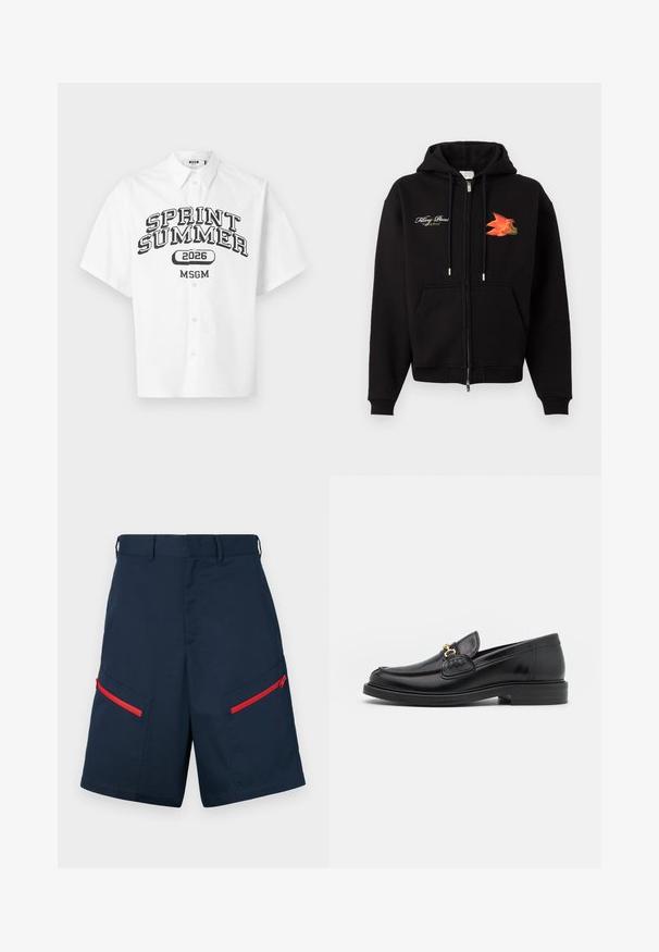 Sweat à capuche zippé noir avec poches frontales, cordons, texte en cursive blanc sur le côté gauche de la poitrine et graphisme d'oiseau orange-rouge sur le côté droit de la poitrine.; Chemise blanche à manches courtes avec boutons, imprimée de "SPRINT SUMMER 2026" et "MSGM" en noir sur le devant.; Shorts cargo navy fabriqués avec deux poches zippées avec des accents rouges, devant plat et détails cousus.; Mocassins en cuir noir avec un embout rond, présentant des accents en métal doré et des détails de couture, montés sur une semelle en caoutchouc texturé et basse.