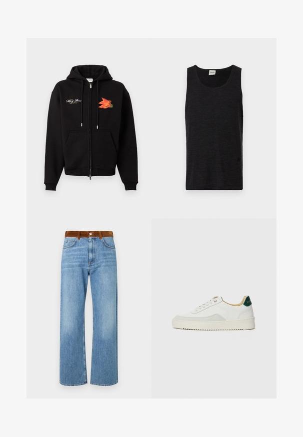 Sweat à capuche zippé noir avec poches frontales, cordons, texte en cursive blanc sur le côté gauche de la poitrine et graphisme d'oiseau orange-rouge sur le côté droit de la poitrine.; Débardeur noir sans manches en matériau texturé. Doté d'un col rond et d'un accent logo discret près de l'ourlet. Design simple.; Jeans en denim bleu clair avec une coupe droite, dotés d'une taille en suède marron, de poches avant et d'une fermeture éclair.; Baskets blanches avec des accents en daim, bout arrondi, lacets plats et semelle en caoutchouc crème. Présente une marque verte sur le talon.