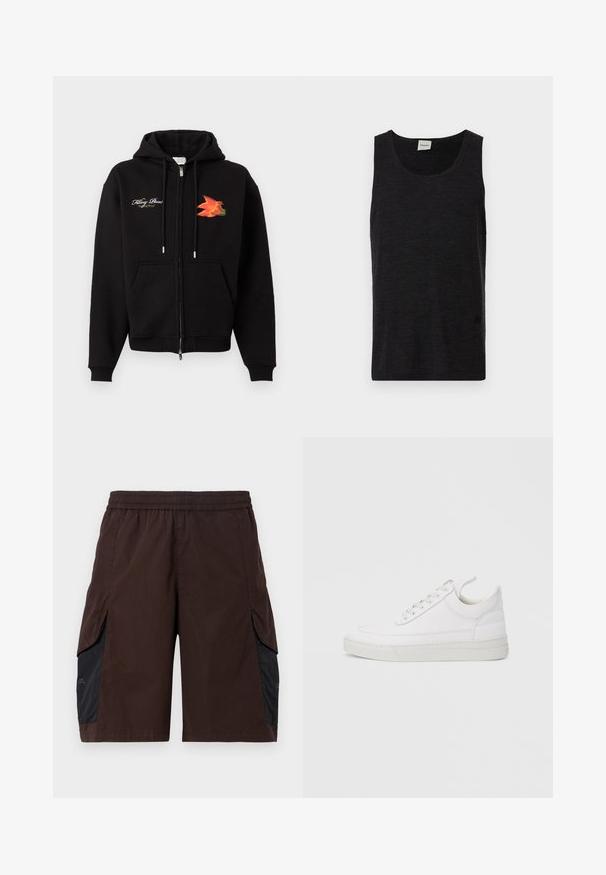 Sweat à capuche zippé noir avec poches frontales, cordons, texte en cursive blanc sur le côté gauche de la poitrine et graphisme d'oiseau orange-rouge sur le côté droit de la poitrine.; Débardeur noir sans manches en matériau texturé. Doté d'un col rond et d'un accent logo discret près de l'ourlet. Design simple.; Shorts marron avec une ceinture élastique, dotés de panneaux latéraux noirs et de poches passepoilées. Le matériau semble léger avec une texture lisse.; Baskets en cuir blanc avec un embout arrondi, une semelle plate et un laçage à l'avant. Présentent des détails de couture et un col rembourré pour plus de confort.