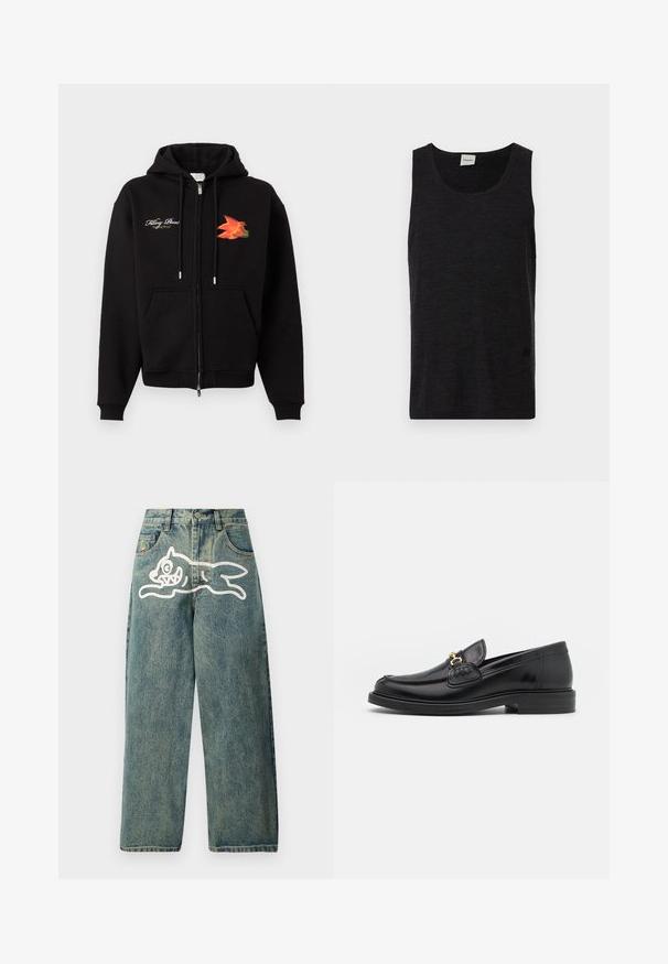 Schwarzer Kapuzenpullover zum Reißverschluss mit Taschen vorne, Kordelzug, weißem, kursivem Text auf der linken Brust und orange-rotem Vogeldruck auf der rechten Brust.; Schwarzes ärmelloses Tanktop aus strukturiertem Material. Mit einem runden Ausschnitt und einem dezenten Logoakzent am Saum. Schlichtes Design.; Hellblaue Jeans im lässigen Schnitt mit einer großen weißen Katzengrafik auf dem linken Bein und klassischem Fünf-Taschen-Design.; Schwarze Lederleter mit einer abgerundeten Zehenpartie, ausgestattet mit goldenen Hardwareakzenten und Stichdetails, auf einer niedrigen, strukturierten Gummisohle.