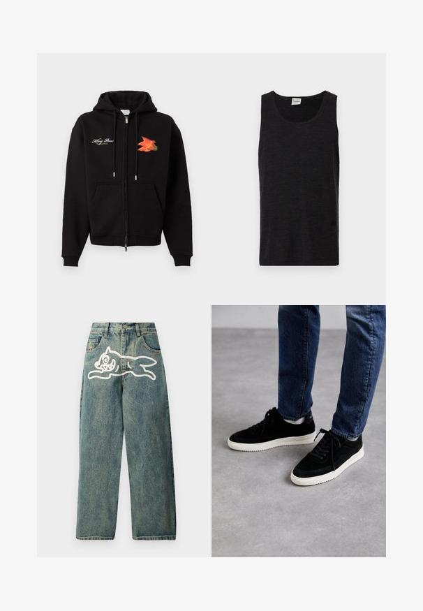 Sort hættejakke med lynlås, frontlommer, snoretræk, hvid kursiv tekst på venstre bryst og orange-rødt fuglegrafik på højre bryst.; Sort ærmeløs tanktop lavet af struktureret materiale. Har en rund halsudskæring og en diskret logoaccents nær kanten. Simpelt design.; Lyseblå denimjeans med en løs pasform, der har et stort hvidt kattegrafik på venstre ben og et traditionelt femlomme-design.; Sorte ruskind sneakers med en hvid gummisål, der har et klassisk low-top design, rundt tå og flade sorte snørebånd.