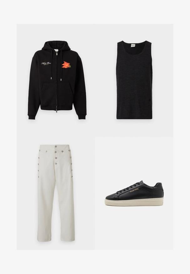 Zwarte zip-up hoodie met voorzakken, trekkoorden, witte cursieve tekst op de linkerborst en een oranje-rode vogelgrafiek op de rechterborst.; Zwarte mouwloze tanktop gemaakt van textuurmateriaal. Heeft een ronde halslijn en een subtiele logo-accent nabij de zoom. Eenvoudig ontwerp.; Crème-kleurige broek met een rechte snit en decoratieve knopen van zilverkleur aan beide zijden, gemaakt van een gladde stof.; Zwarte leren sneaker met een gladde afwerking, contrasterende crèmekleurige zool, ronde neus, gouden logo aan de zijkant en zes gaatjes voor veters.