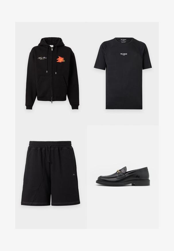 Sweat à capuche zippé noir avec poches frontales, cordons, texte en cursive blanc sur le côté gauche de la poitrine et graphisme d'oiseau orange-rouge sur le côté droit de la poitrine.; T-shirt noir à manches courtes en tissu lisse, doté d'un col rond et d'un logo blanc "SILENCE" sur la poitrine.; Shorts noirs longueur genou avec taille élastique, cordon ajustable, poches latérales et surpiqûres contrastantes blanches.; Mocassins en cuir noir avec un embout rond, présentant des accents en métal doré et des détails de couture, montés sur une semelle en caoutchouc texturé et basse.