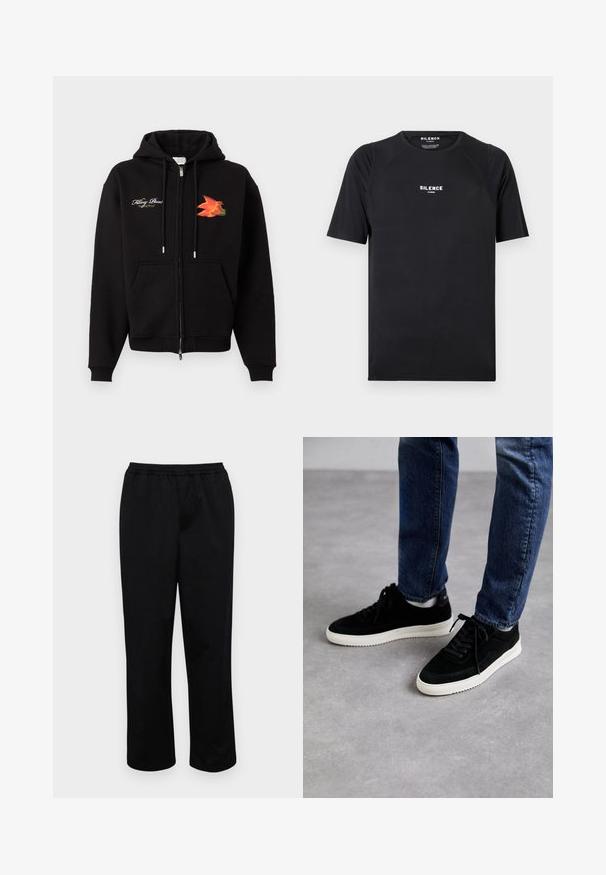 Zwarte zip-up hoodie met voorzakken, trekkoorden, witte cursieve tekst op de linkerborst en een oranje-rode vogelgrafiek op de rechterborst.; Zwarte t-shirt met korte mouwen van soepel materiaal, met een ronde hals en een wit "SILENCE" logo op de borst.; Zwarte, halflange broeken met een elastische tailleband. Gemaakt van een soepel stof, met een ontspannen pasvorm en zonder zichtbare zakken of versieringen.; Zwarte suede sneakers met een witte rubberen zool, met een klassiek low-top ontwerp, een ronde neus en flat zwarte veters.