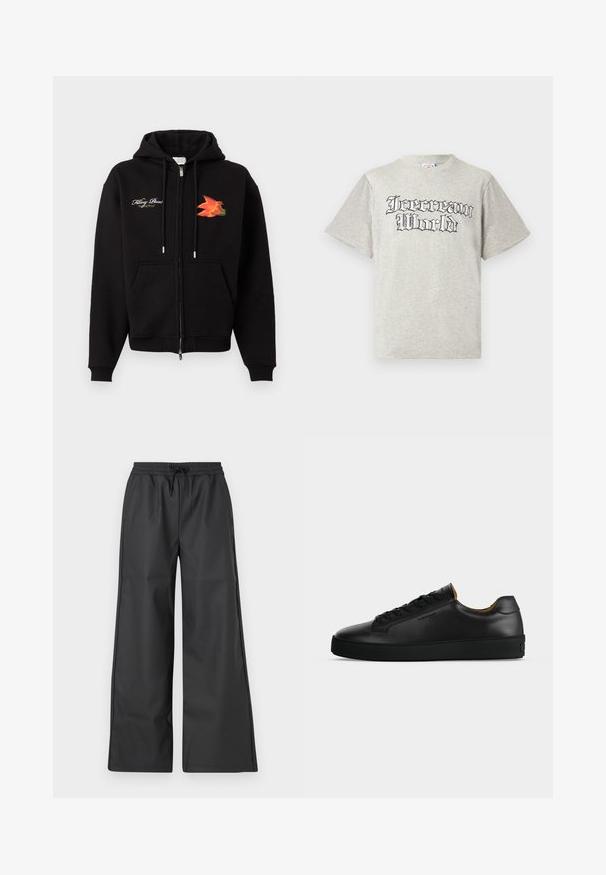 Zwarte zip-up hoodie met voorzakken, trekkoorden, witte cursieve tekst op de linkerborst en een oranje-rode vogelgrafiek op de rechterborst.; Lichtgrijs T-shirt met korte mouwen van katoen, met een zwarte "Icecream World" afbeelding in een gestileerd lettertype op de voorkant.; Han Kjøbenhavn RELAXED TRACK TROUSERS - Broek - black; Zwarte lage leren sneaker met zwarte veters, gestructureerde rubberen zool en klein geperst logo aan de zijkant, zijaanzicht tegen een grijze achtergrond.