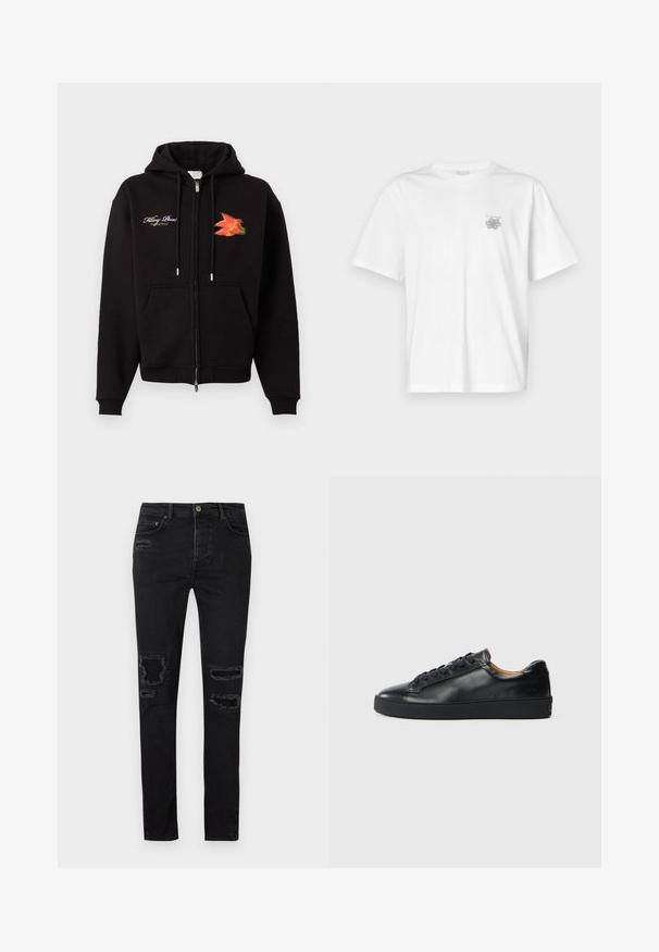 Schwarzer Kapuzenpullover zum Reißverschluss mit Taschen vorne, Kordelzug, weißem, kursivem Text auf der linken Brust und orange-rotem Vogeldruck auf der rechten Brust.; Weißes T-Shirt aus Baumwolle mit kurzen Ärmeln, Rundhalsausschnitt und kleinem grauen Logo auf der linken Brustseite. Glatte Textur.; Schwarze Jeans aus Denim mit schlanker Passform, die an den Knien ausgefranste Risse, tonale Nähte und einen klassischen Knopf- und Reißverschluss haben.; Schwarze Leder-Sneaker mit glatter Textur, runder Zehenpartie und Schnürverschluss. Verfügt über eine dicke Gummisohle und minimalistische Marken-Details.