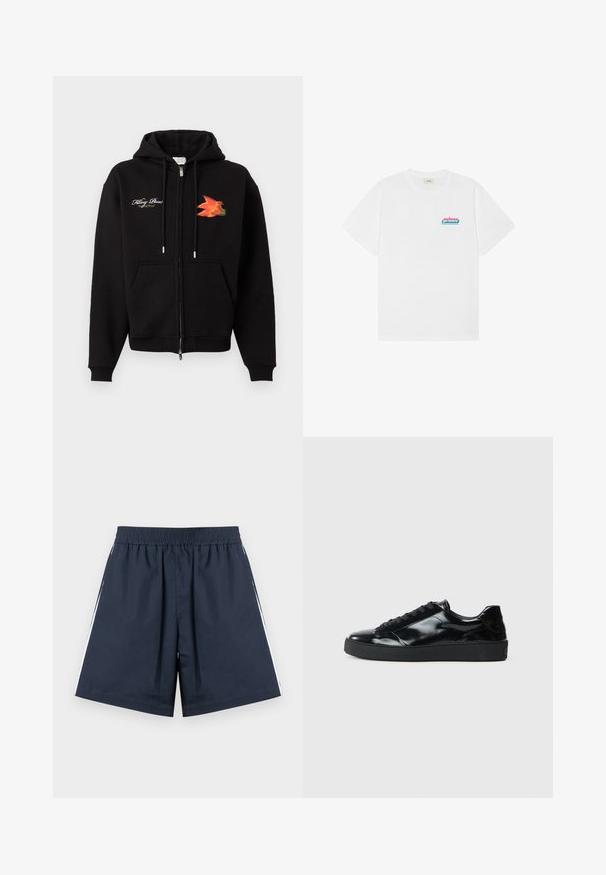 Sweat à capuche zippé noir avec poches frontales, cordons, texte en cursive blanc sur le côté gauche de la poitrine et graphisme d'oiseau orange-rouge sur le côté droit de la poitrine.; T-shirt blanc à manches courtes et col rond avec un petit logo "prince" rose et bleu sur la partie supérieure gauche de la poitrine.; Shorts de sport bleu marine avec une taille élastique. Bandes latérales blanches, tissu léger et coupe ample avec jambes droites.; Baskets en cuir verni noir avec un bout arrondi, un laçage, une semelle en caoutchouc texturé et une finition lisse.