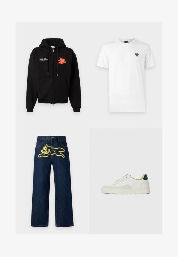 Sweat à capuche zippé noir avec poches frontales, cordons, texte en cursive blanc sur le côté gauche de la poitrine et graphisme d'oiseau orange-rouge sur le côté droit de la poitrine.; T-shirt en coton blanc à manches courtes, avec un petit logo noir sur la zone de la poitrine gauche. Design classique à col rond.; Jean en denim bleu foncé avec un grand motif jaune d'un personnage en train de sauter sur la poche arrière. Design à jambes droites avec couture standard.; Baskets blanches avec des accents en daim, bout arrondi, lacets plats et semelle en caoutchouc crème. Présente une marque verte sur le talon.