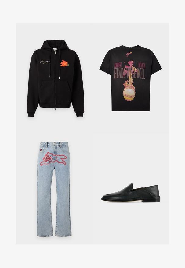 Sort hættejakke med lynlås, frontlommer, snoretræk, hvid kursiv tekst på venstre bryst og orange-rødt fuglegrafik på højre bryst.; Sort t-shirt med flammende kugle og kors grafik samt pink tekst "KSUBI EST MCMXCIX HEADS WILL ROLL" på forsiden.; Lyseblå denimjeans med lige ben, med et stort rød, tegneserieagtigt kattegrafik på bagsiden og traditionel fem-lomme styling.; Sort læder slip-on loafer med lav hæl og rundet tå, vist på en simpel hvid baggrund.