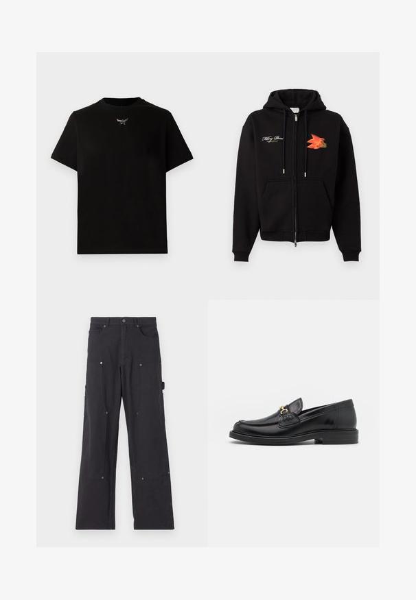Sort hættejakke med lynlås, frontlommer, snoretræk, hvid kursiv tekst på venstre bryst og orange-rødt fuglegrafik på højre bryst.; Sort bomulds T-shirt med korte ærmer, rund halsudskæring og en sølvlogo detalje på brystet. Glat tekstur og afslappet pasform.; Sorte cargo-bukser lavet af slidstærkt stof med lige ben-design, der har forlommer, trykknapper og side-nytte lommer.; Sorte læder loafers med en rund tå, der har guld hardware accent og syningsdetaljer, placeret på en lav, tekstureret gummisål.