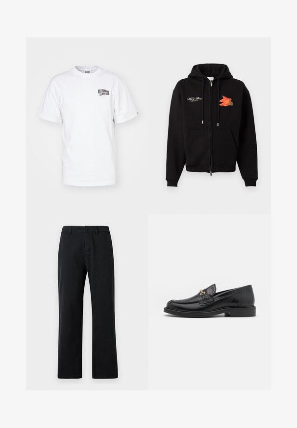 Schwarzer Kapuzenpullover zum Reißverschluss mit Taschen vorne, Kordelzug, weißem, kursivem Text auf der linken Brust und orange-rotem Vogeldruck auf der rechten Brust.; Weißes T-Shirt aus Baumwolle mit rundem Ausschnitt, kurzen Ärmeln und kleinem schwarzem Logo auf der oberen linken Brust. Klassische Passform und glatte Textur.; Schwarze Baumwollhose mit geradem Schnitt, ausgestattet mit einer einfachen vorderen Knopfverschluss und standardmäßigen Gürtelschlaufen. Glatte Textur.; Schwarze Lederleter mit einer abgerundeten Zehenpartie, ausgestattet mit goldenen Hardwareakzenten und Stichdetails, auf einer niedrigen, strukturierten Gummisohle.