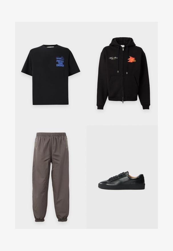 Sort hættejakke med lynlås, frontlommer, snoretræk, hvid kursiv tekst på venstre bryst og orange-rødt fuglegrafik på højre bryst.; Sort bomulds t-shirt med korte ærmer, der har blå tekst "BESKYT DIN ENERGI" og et grafisk design på den øverste venstre side.; Mørkegrå, elastiske bukser med en afslappet pasform. Har samlede manchetter og subtil broderi på siderne. Letvægtsstof.; Sorte lædersneakers med en glat overflade, rund tå og snørebåndslukning. Har en tyk gummisål og minimal branddetalje.
