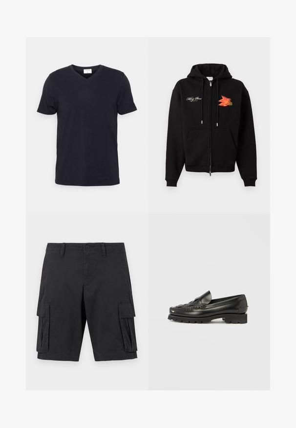 Schwarzer Kapuzenpullover zum Reißverschluss mit Taschen vorne, Kordelzug, weißem, kursivem Text auf der linken Brust und orange-rotem Vogeldruck auf der rechten Brust.; Schwarzes V-Ausschnitt-T-Shirt aus Baumwolle, mit kurzen Ärmeln und lockerer Passform. Einfaches Design, keine Muster oder zusätzlichen Akzente.; Schwarze Cargoshorts mit vorderem Knopf, Gürtelschlaufen und zwei großen seitlichen Klappentaschen, dargestellt auf neutralem Hintergrund.; Schwarze Leder-Loafer mit einem genähten Design, abgerundeter Spitze und dicker Gummisohle. Verfügen über einen dekorativen Riemen vorne.