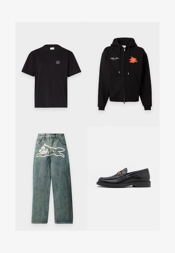 Schwarzer Kapuzenpullover zum Reißverschluss mit Taschen vorne, Kordelzug, weißem, kursivem Text auf der linken Brust und orange-rotem Vogeldruck auf der rechten Brust.; Schwarzes Baumwoll-T-Shirt mit Rundhalsausschnitt und kurzen Ärmeln. Mit einem kleinen blauen Logo auf der linken Brust. Einfaches, gerade geschnittenes Design.; Hellblaue Jeans im lässigen Schnitt mit einer großen weißen Katzengrafik auf dem linken Bein und klassischem Fünf-Taschen-Design.; Schwarze Lederleter mit einer abgerundeten Zehenpartie, ausgestattet mit goldenen Hardwareakzenten und Stichdetails, auf einer niedrigen, strukturierten Gummisohle.