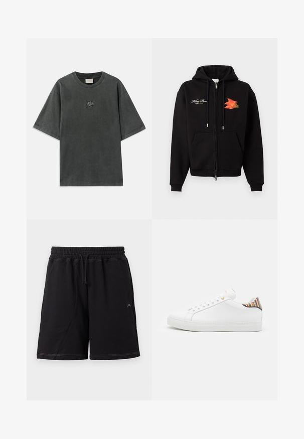 Zwarte zip-up hoodie met voorzakken, trekkoorden, witte cursieve tekst op de linkerborst en een oranje-rode vogelgrafiek op de rechterborst.; Donkergrijs oversized T-shirt met korte mouwen, ronde hals en klein geborduurd knoopmotief centraal op de borst.; Zwarte knielange short met elastische tailleband, verstelbare trekkoord, zijzakken en witte contrasterende stikseldetails.; Witte leren sneaker met een gladde afwerking, voorzien van een kleurrijke gestreepte accent op de hiel, gouden oogjes en een vlakke witte zool.