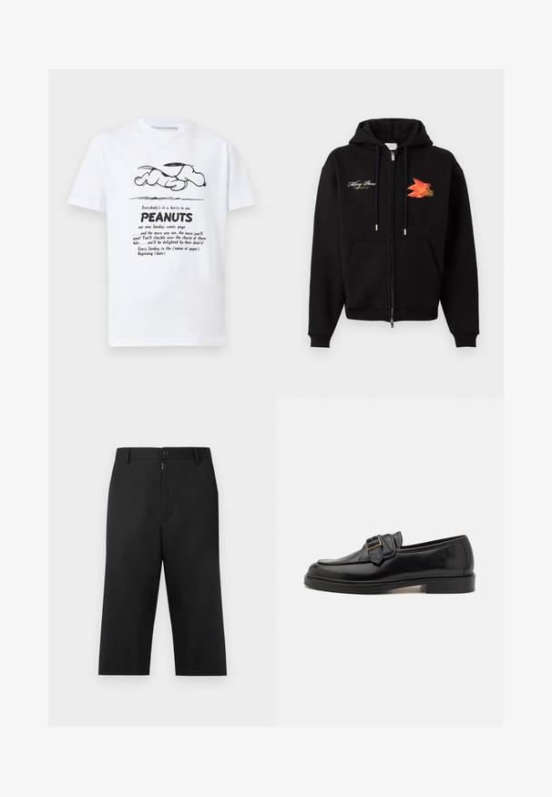 Sweat à capuche zippé noir avec poches frontales, cordons, texte en cursive blanc sur le côté gauche de la poitrine et graphisme d'oiseau orange-rouge sur le côté droit de la poitrine.; T-shirt blanc avec un dessin au trait noir de Snoopy allongé au-dessus d'un texte promouvant la page du comic Peanuts du dimanche.; Pantalon noir court en tissu lisse, avec fermeture éclair et bouton à l'avant, passants pour ceinture et poches latérales.; Mocassins en cuir noir avec un bout arrondi et une boucle décorative. Talon plat, solide et texture lisse sur l'ensemble.