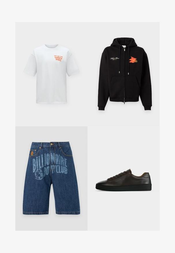 Sweat à capuche zippé noir avec poches frontales, cordons, texte en cursive blanc sur le côté gauche de la poitrine et graphisme d'oiseau orange-rouge sur le côté droit de la poitrine.; T-shirt blanc à manches courtes avec col rond et petit texte orange sur le côté gauche de la poitrine indiquant "synthetic reality" et des mots plus petits au-dessus.; Shorts en denim bleu foncé avec poches avant, fermeture à boutons, et un logo "Billionaire Boys Club" ainsi qu'un graphique d'astronaute délavé sur le devant.; Baskets basses en cuir marron foncé avec semelle en caoutchouc noire, lacets à l'avant et design minimaliste épuré sur fond clair.