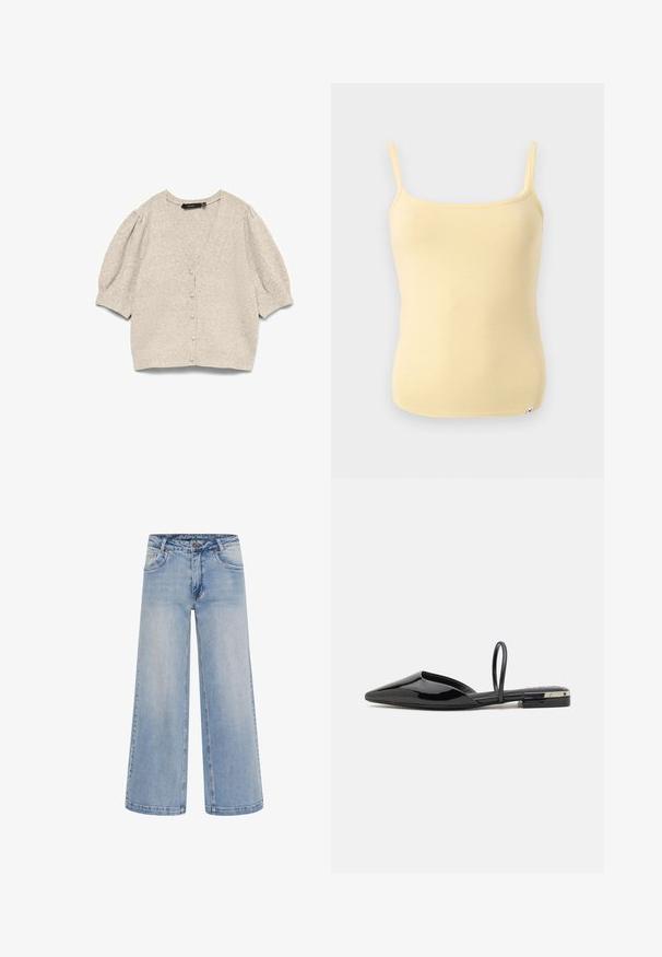 Lys beige kortærmet strikket cardigan med pufærmer, rund halsudskæring og en række stofbetonede knapper foran.; Lysegul ærmeløs undertrøje med tynde stropper og en lille logoetiket nær bundkanten på en ensfarvet baggrund.; Lyseblå brede jeans med høj talje, fem lommer og kontrastsyninger. Fremstillet af denim med en glat tekstur.; Sorte patentlæder slingback flade sko med spidse tæer, minimalistisk design, slank strop og en lille metallisk detalje på hælen.