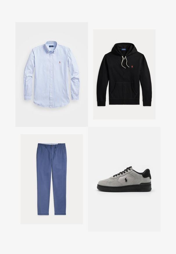 Čierna mikina na zips s bielymi šnúrkami, prednými vreckami a malým červeným logom Polo Ralph Lauren na ľavej strane hrude.; Svetlomodrá a bielo pruhovaná košeľa na gombíky s golierom, dlhými rukávmi a malým logom na hrudi. Bavlnený materiál.; Modré nohavice s rovnými nohavicami, pútkami na opasok, zapínaním na gombíky vpredu a vreckami na bokoch, položené na bielom pozadí.; Sivé semišové tenisky s čiernymi akcentami, s textúrovanou bočnou panelou, okrúhlou špičkou a čiernou gumovou podrážkou. Vyšívané logo na boku.