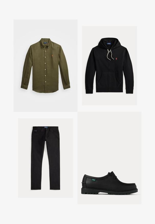 Must zip-up kapuutsiga dressipluus valgete paelte, esikotid ja väike punane Polo Ralph Lauren logo vasakul rinnal.; Õliroheline pikkade varrukatega linane särk, millel on nööbiga krae, valged nupud ja rindkeres väike oranž logo.; Mustad teksapüksid kitsama lõikega, millel on viis taskut, vööaugud ja sinine brändi silt vööpealsel. Sile ja vastupidav kangas.; Mustast nahast pitsiga vabaajajalats, millel on paks sooneline tald ja väike roheline "Polo" silt külje peal kannalähedal.