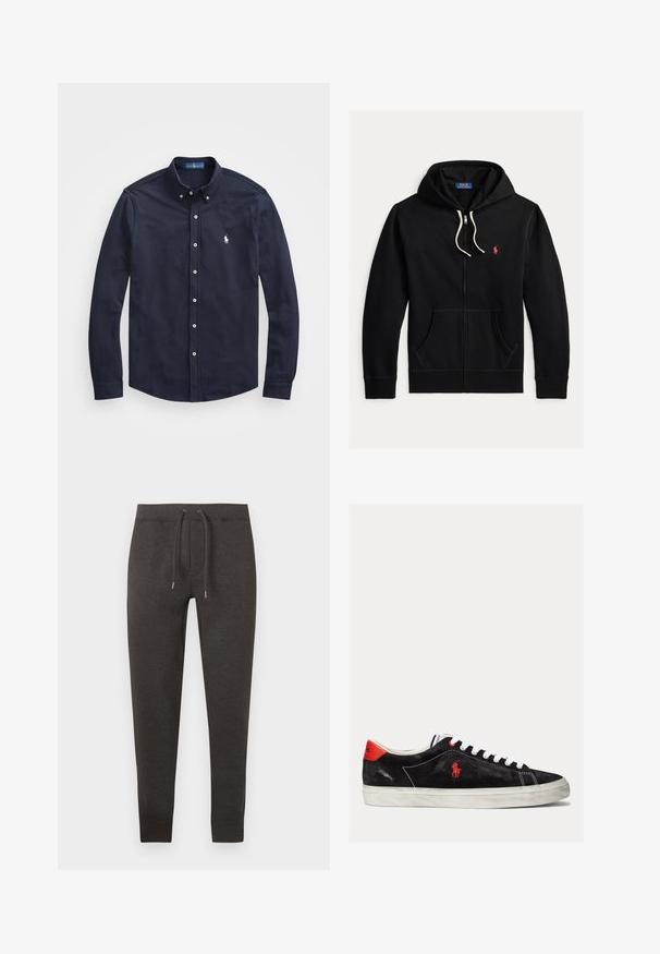 Sudadera con capucha negra con cremallera, cordones blancos, bolsillos delanteros y pequeño logo rojo de Polo Ralph Lauren en el pecho izquierdo.; Camisa de manga larga color navy, con botones en la parte frontal y un pequeño logo blanco en el lado izquierdo del pecho, confeccionada en suave tela de algodón.; Pantalones de chándal gris oscuro hechos de material suave, con cintura elástica con cordón, piernas ajustadas y puños en el tobillo.; Zapatillas de ante negro con cordones blancos, acentos rojos en el talón y un pequeño logo rojo. Presenta una suela de goma plana y un cosido sencillo.